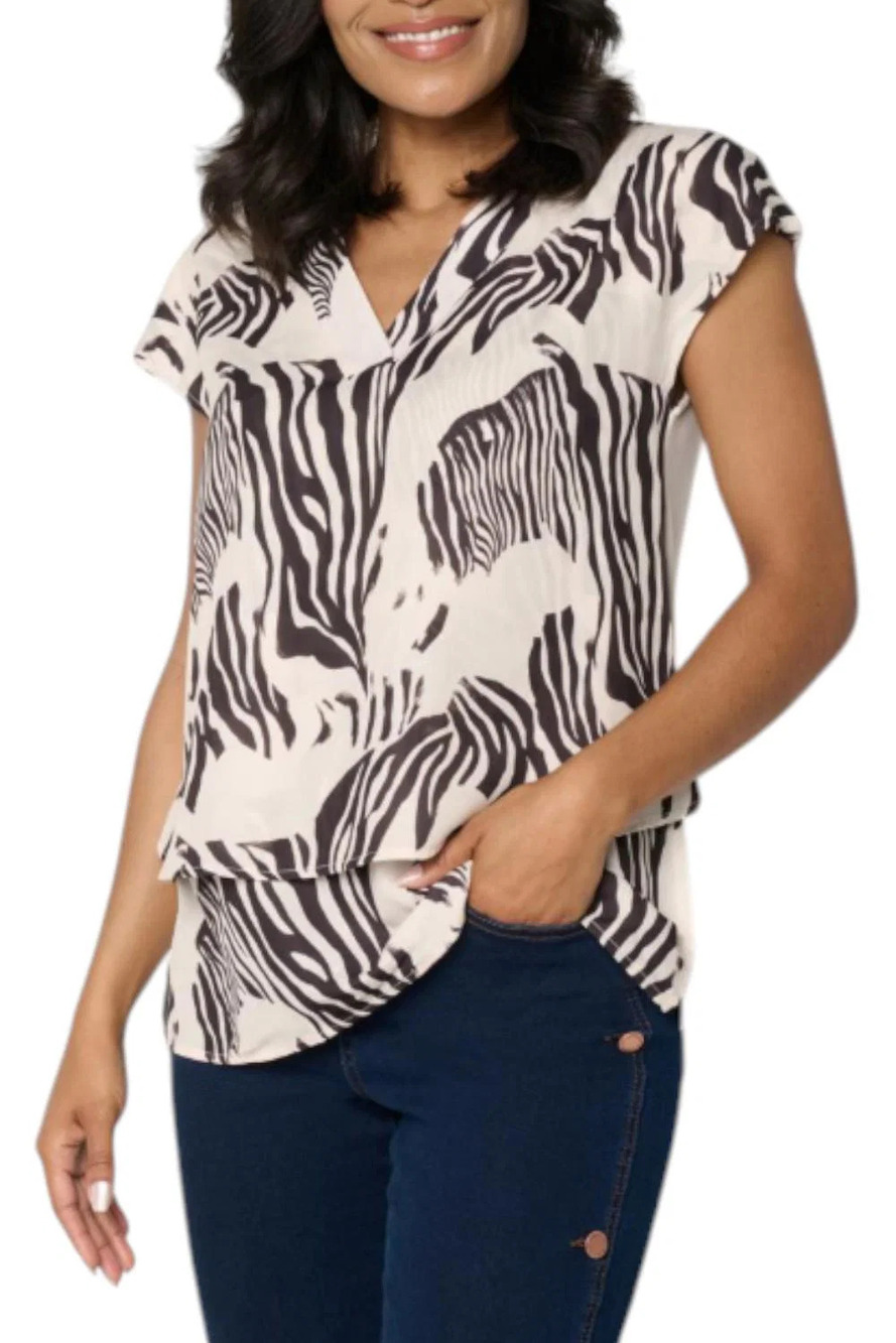 DG2 by Diane Gilman Women's Crepe V-Neck Cap-Slv Top Wild Zebra - Regular